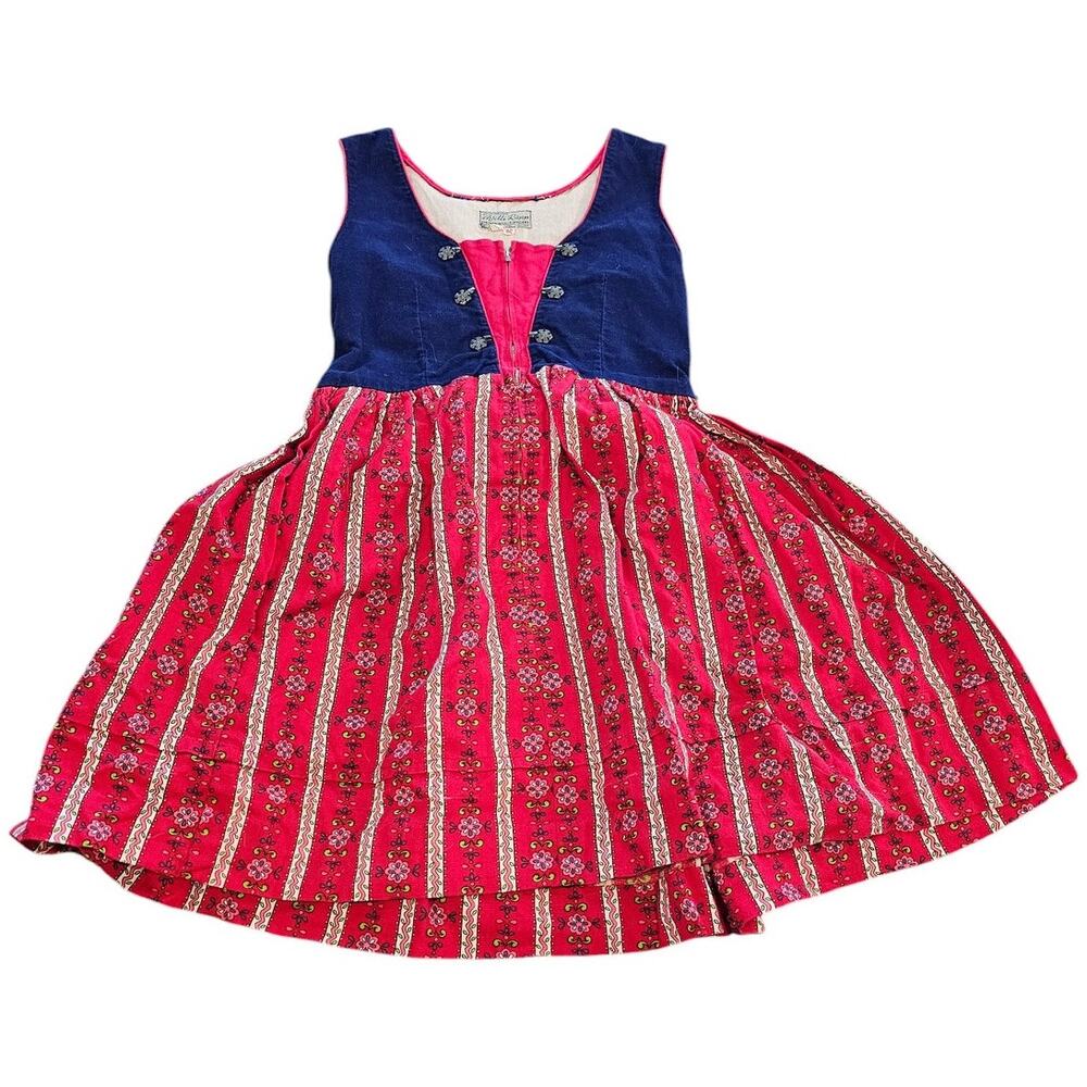 Vintage Girls Kids 60s Red & Blue Tiny Floral Print Sleeveless Sundress Size 80